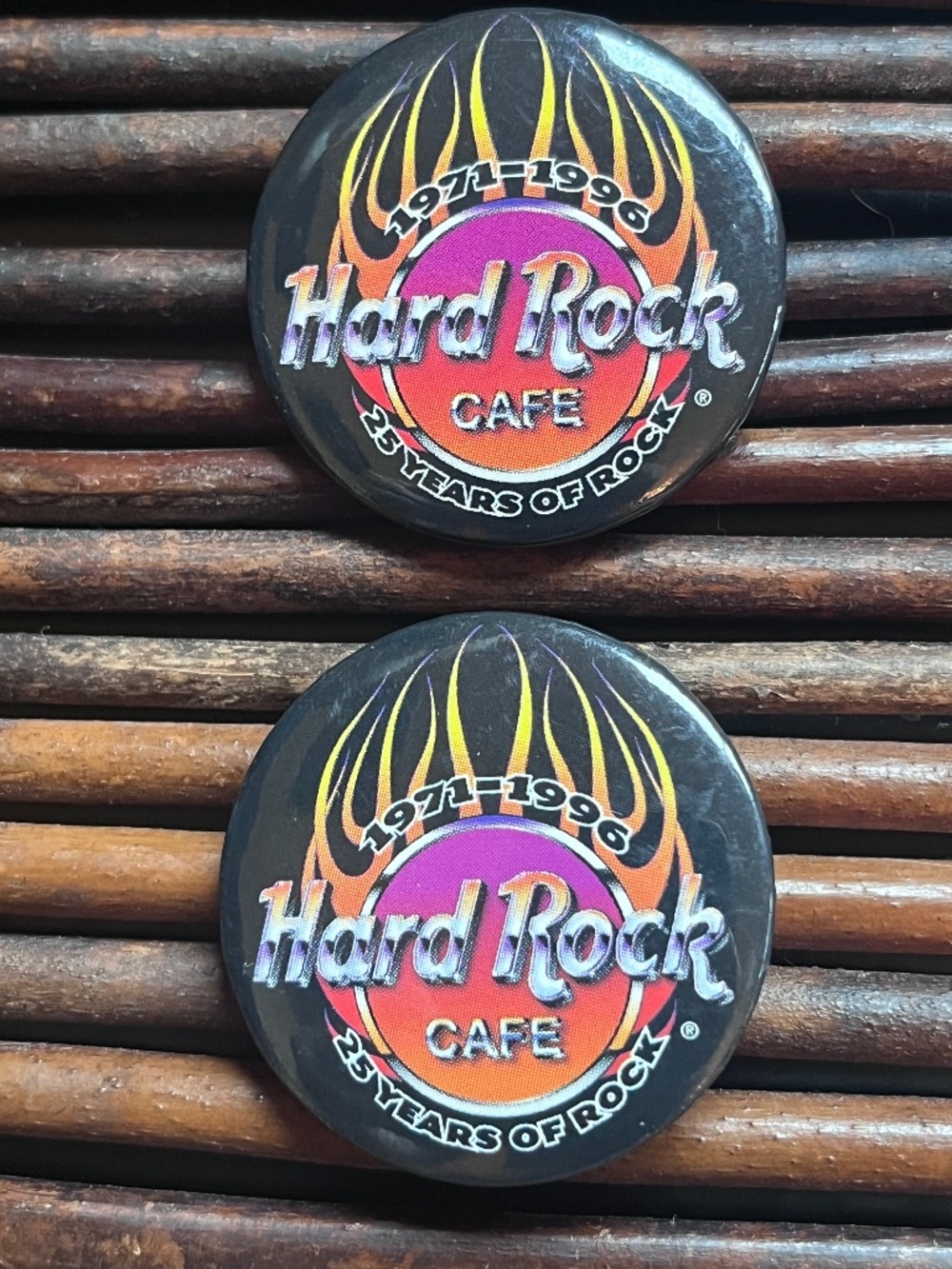 Hard Rock Cafe 25 Years of Rock Anniversary in Flames Button 1971-1996 Vintage